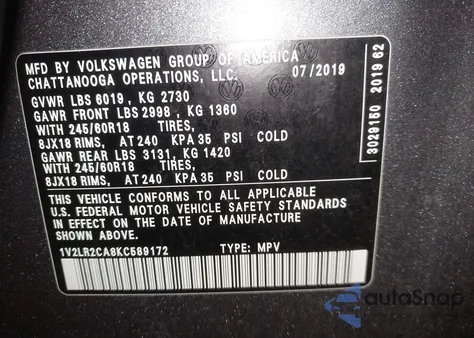 2019 Volkswagen Atlas 3.6L V6 Se из США, поврежденный, VIN 1V2LR2CA8KC589172